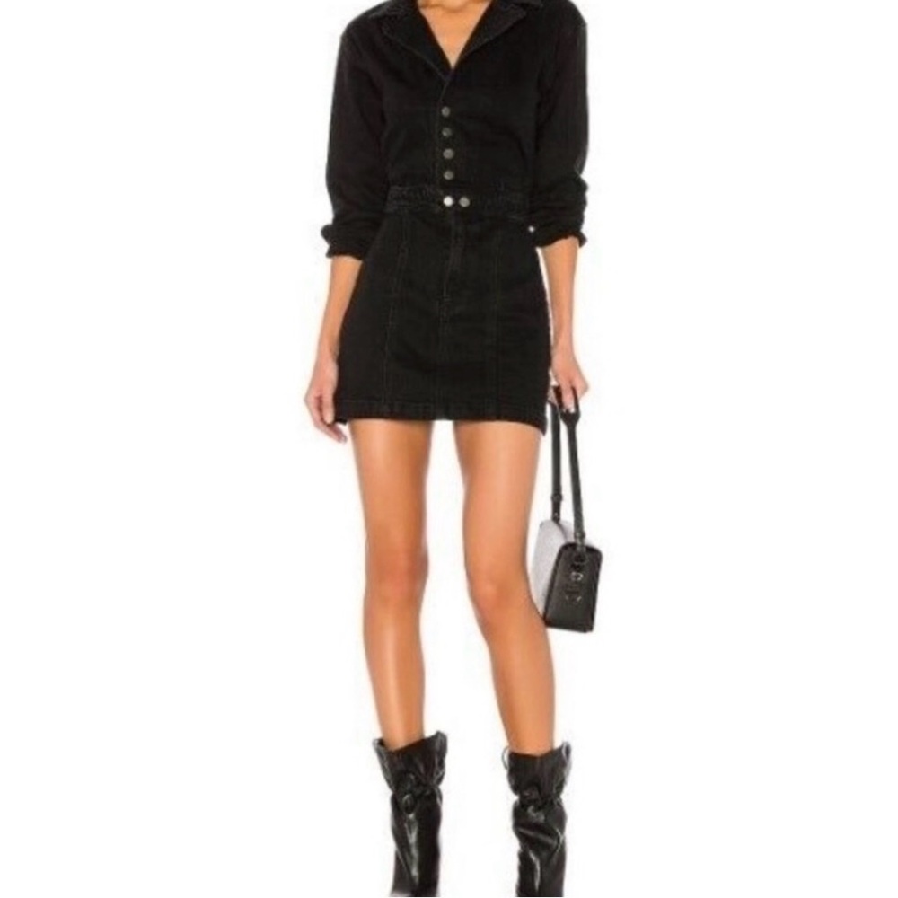 GRLFRND Black Denim Margo Kickstart Zip and Snap long sleeve Dress Size S
